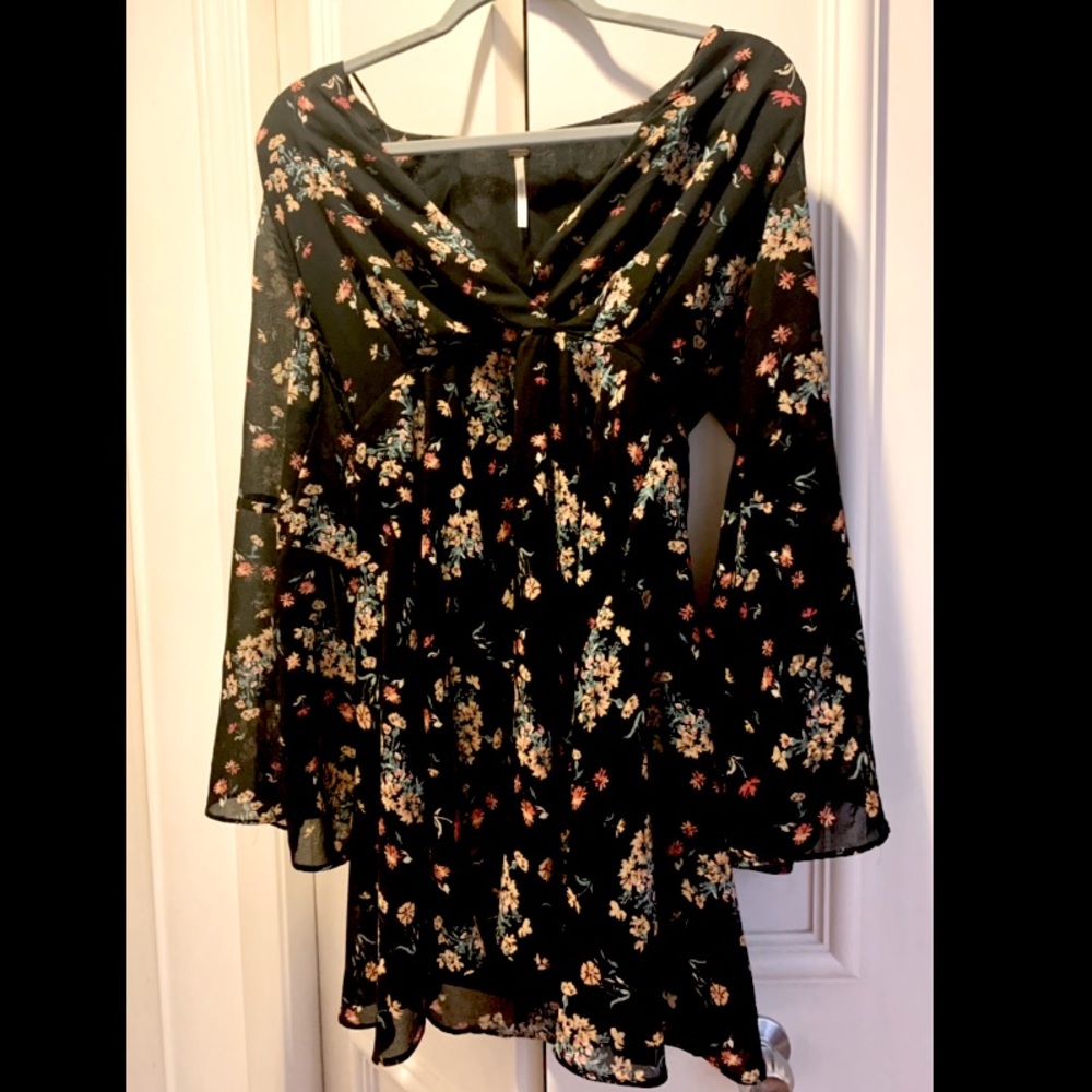 Free People, size S black floral long-sleeve dress